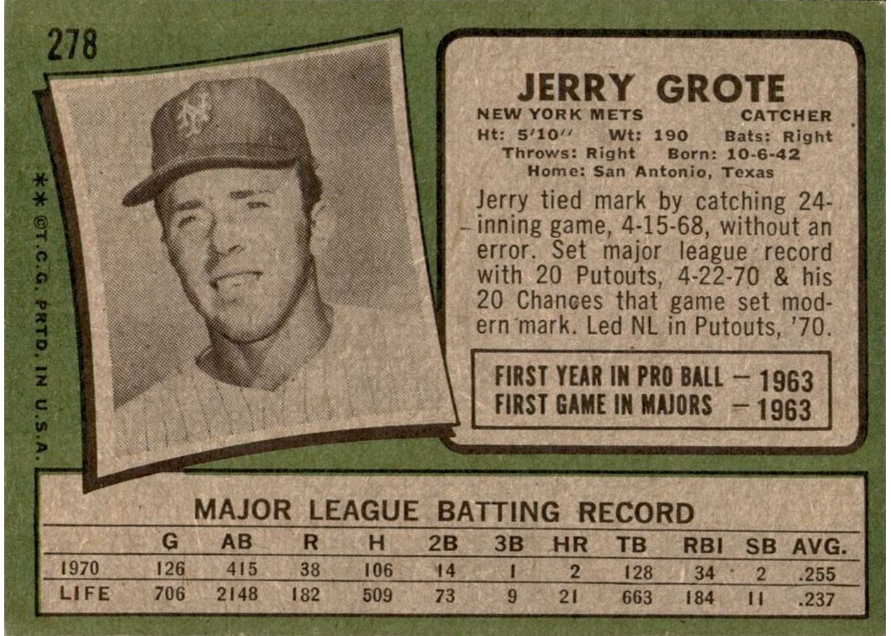 1971 Topps #278 Jerry Grote card back