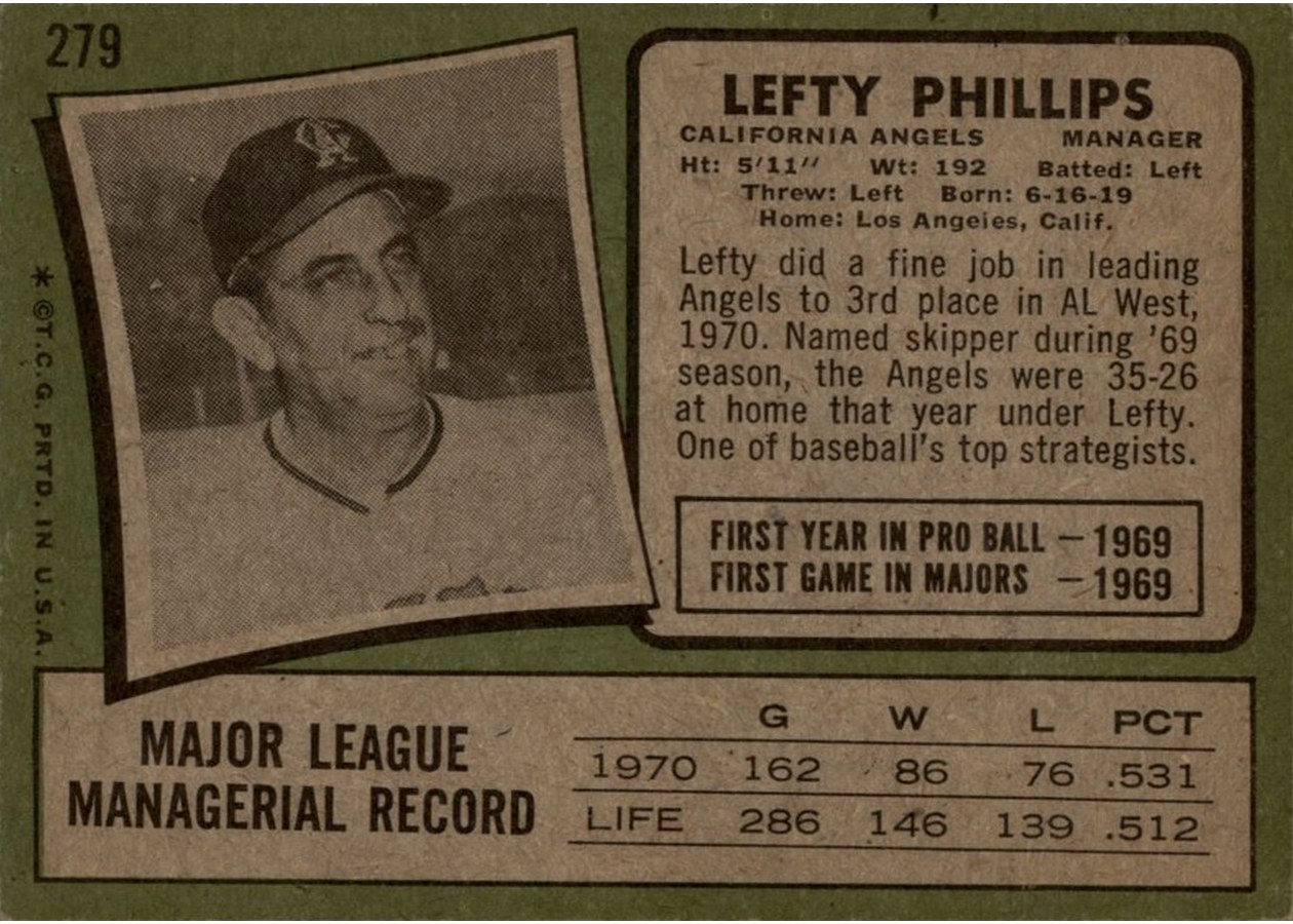 1971 Topps #279 Lefty Phillips card back