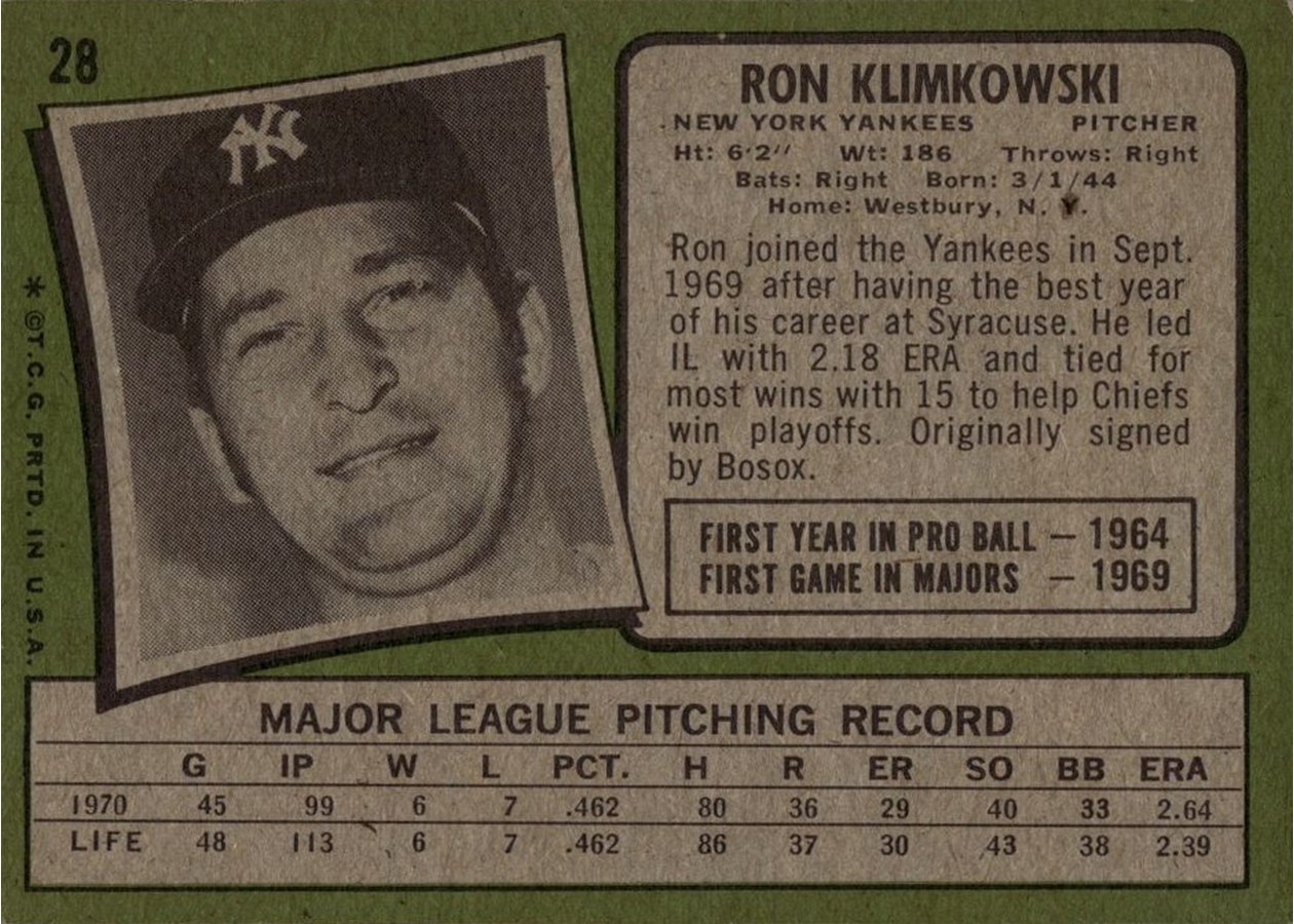 1971 Topps #28 Ron Klimkowski card back