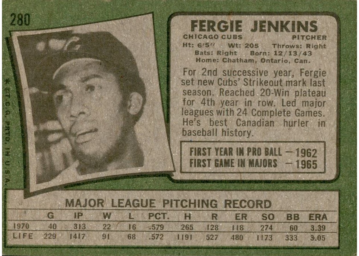 1971 Topps #280 Fergie Jenkins card back