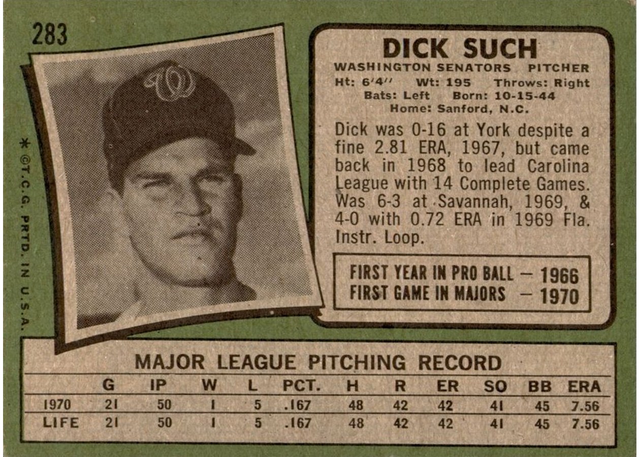 1971 Topps #283 Dick Such card back