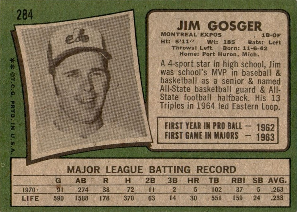 1971 Topps #284 Jim Gosger card back