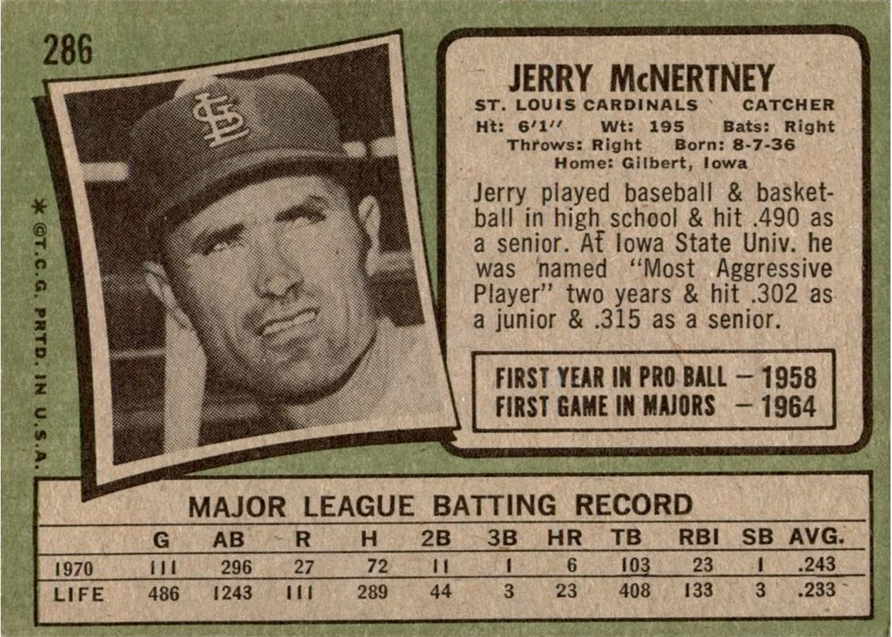1971 Topps #286 Jerry McNertney card back