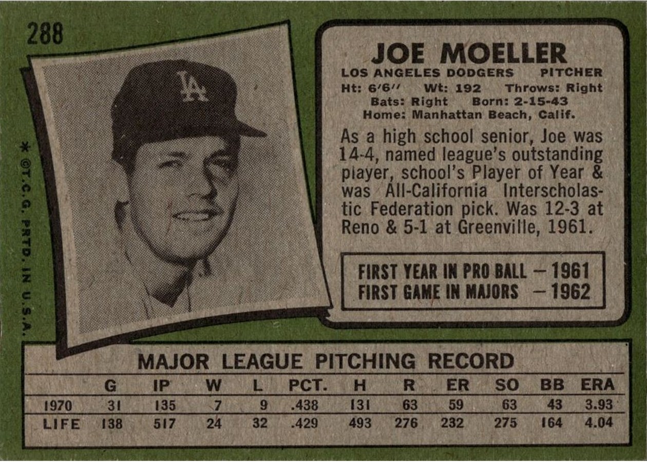 1971 Topps #288 Joe Moeller card back
