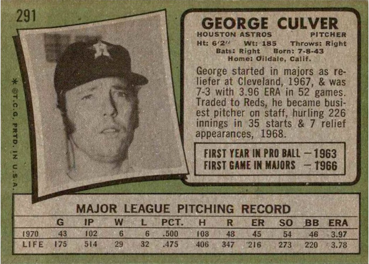 1971 Topps #291 George Culver card back