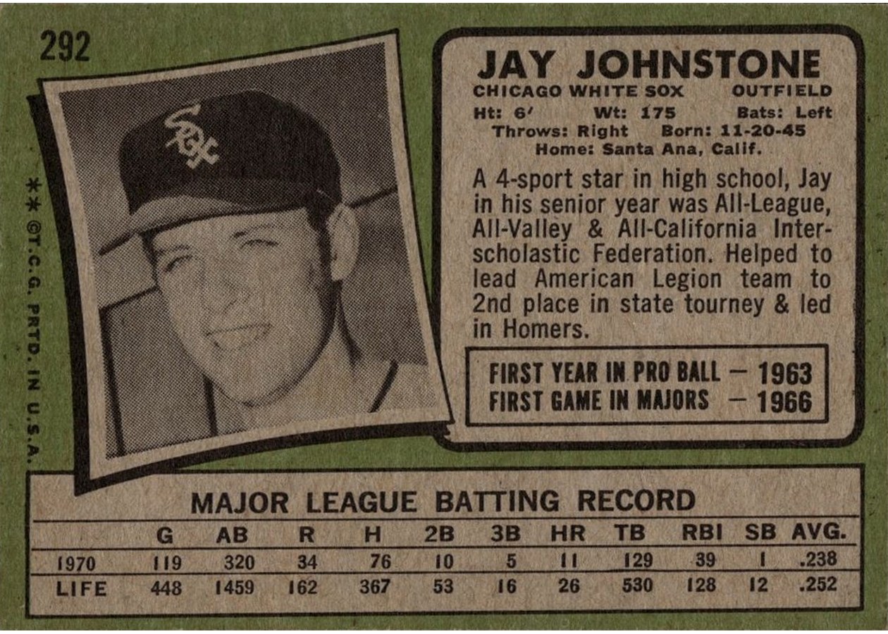 1971 Topps #292 Jay Johnstone card back
