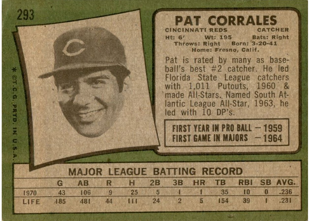 1971 Topps #293 Pat Corrales card back