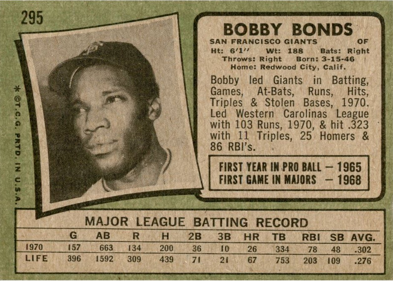 1971 Topps #295 Bobby Bonds card back