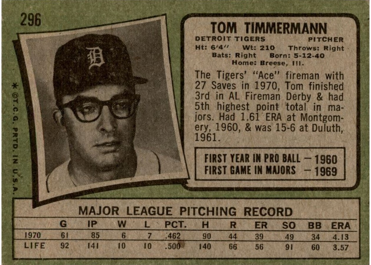 1971 Topps #296 Tom Timmermann card back