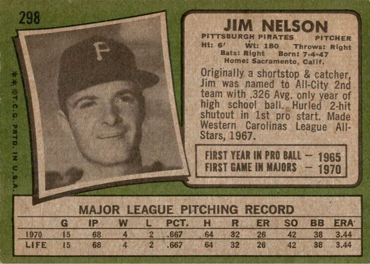 1971 Topps #298 Jim Nelson card back