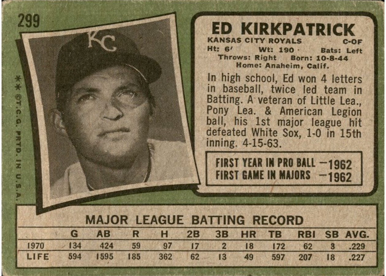 1971 Topps #299 Ed Kirkpatrick card back
