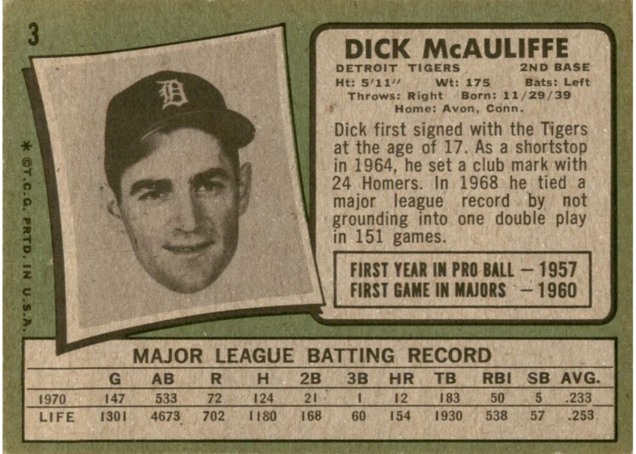 1971 Topps #3 Dick McAuliffe card back