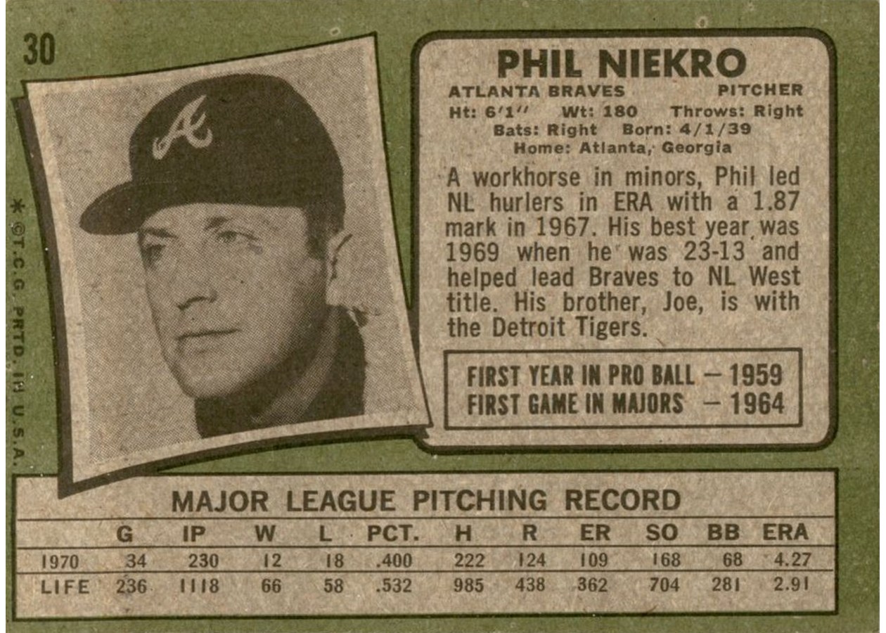 1971 Topps #30 Phil Niekro card back