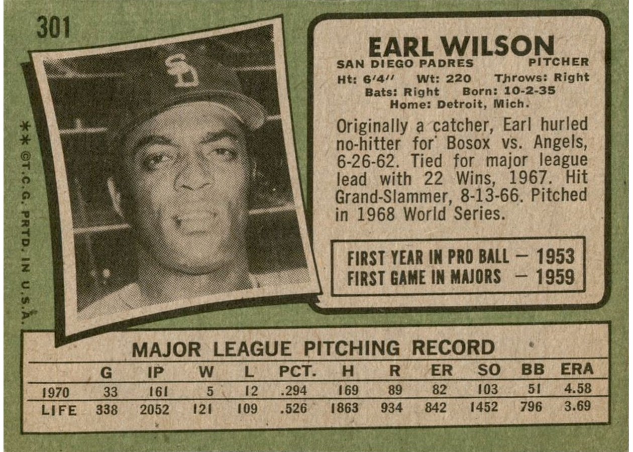 1971 Topps #301 Earl Wilson card back