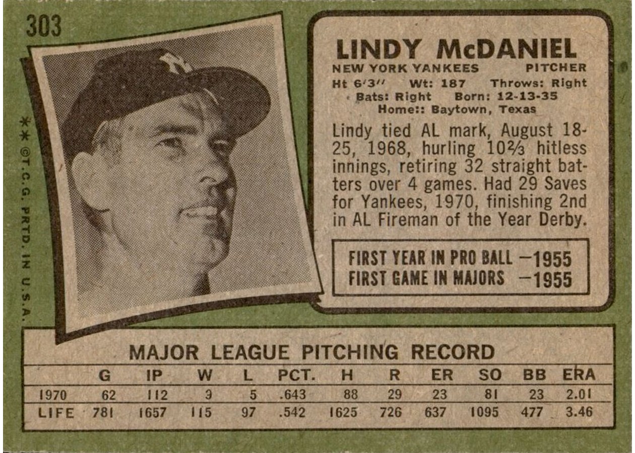 1971 Topps #303 Lindy McDaniel card back