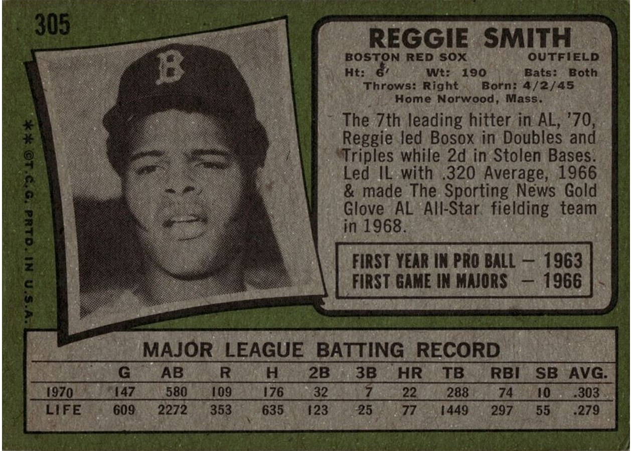 1971 Topps #305 Reggie Smith card back