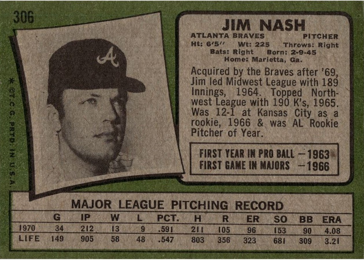 1971 Topps #306 Jim Nash card back