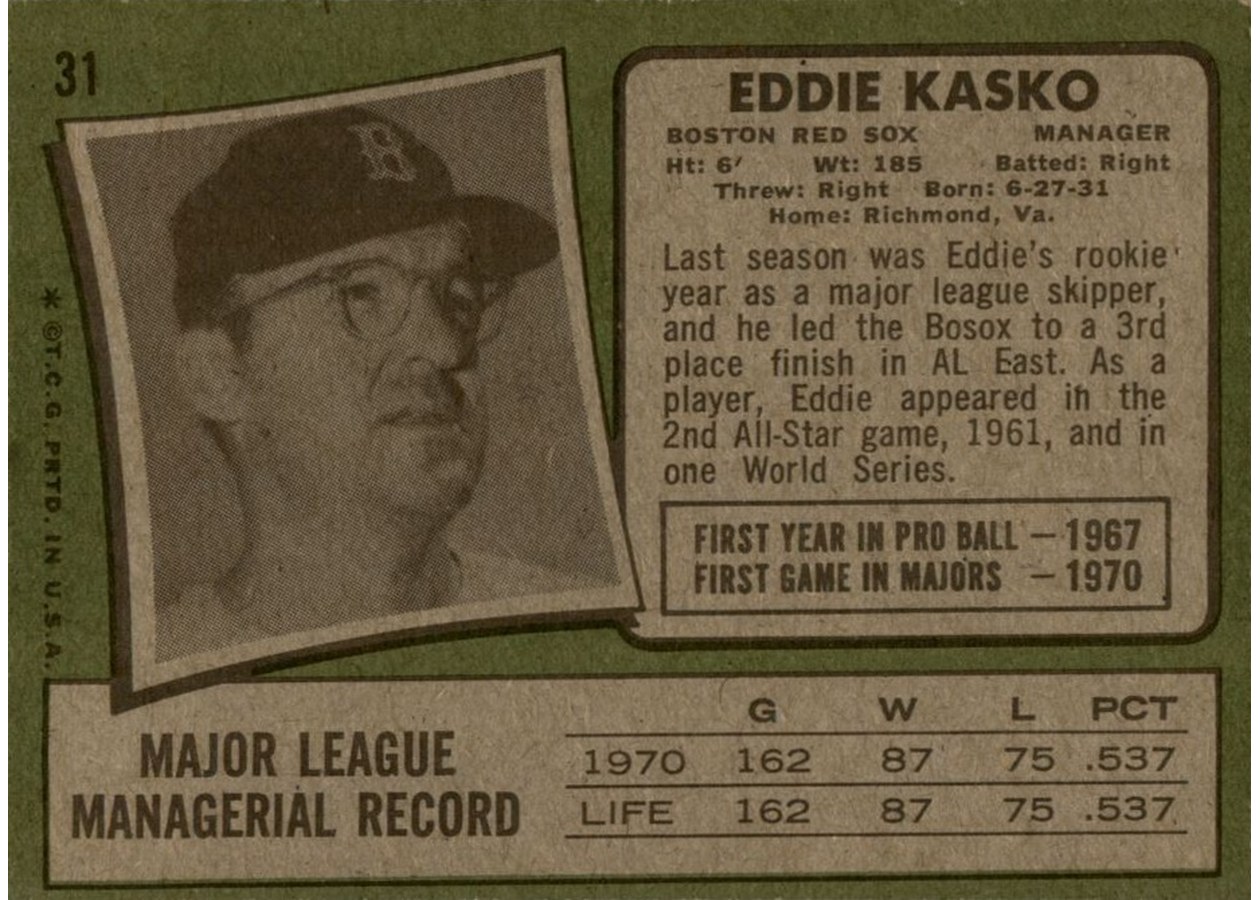 1971 Topps #31 Eddie Kasko card back