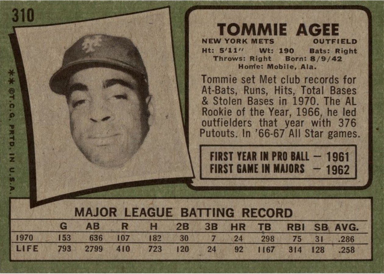 1971 Topps #310 Tommie Agee card back