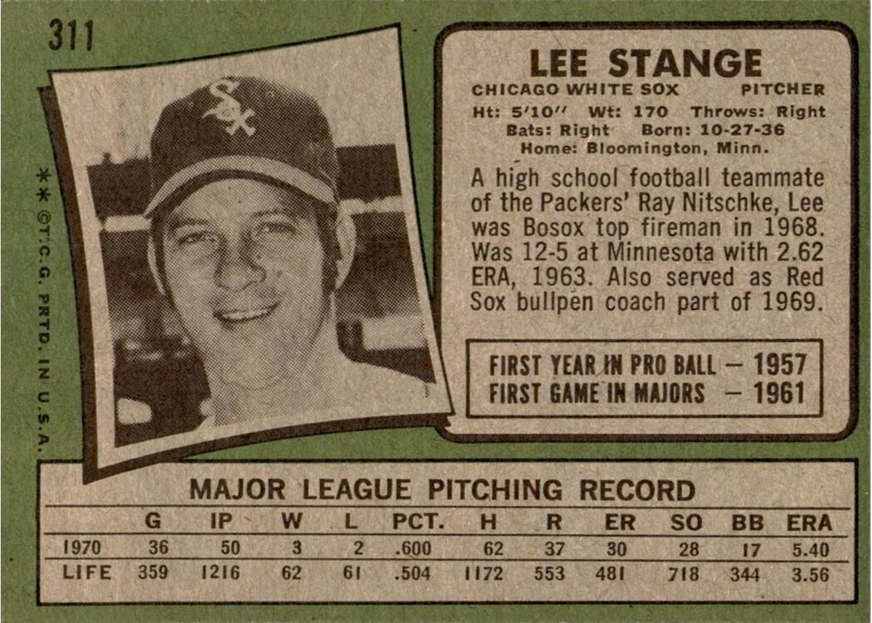 1971 Topps #311 Lee Stange card back