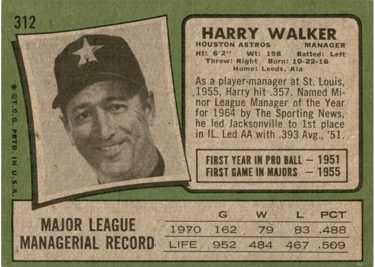 1971 Topps #312 Harry Walker card back