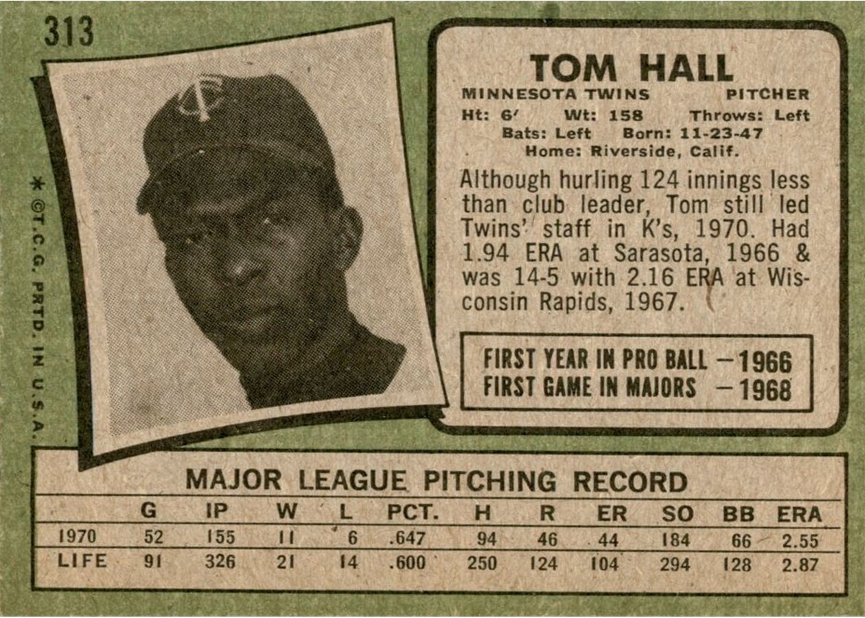 1971 Topps #313 Tom Hall card back