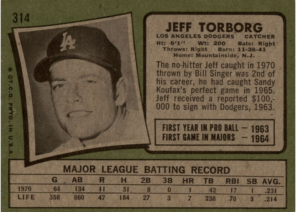 1971 Topps #314 Jeff Torborg card back