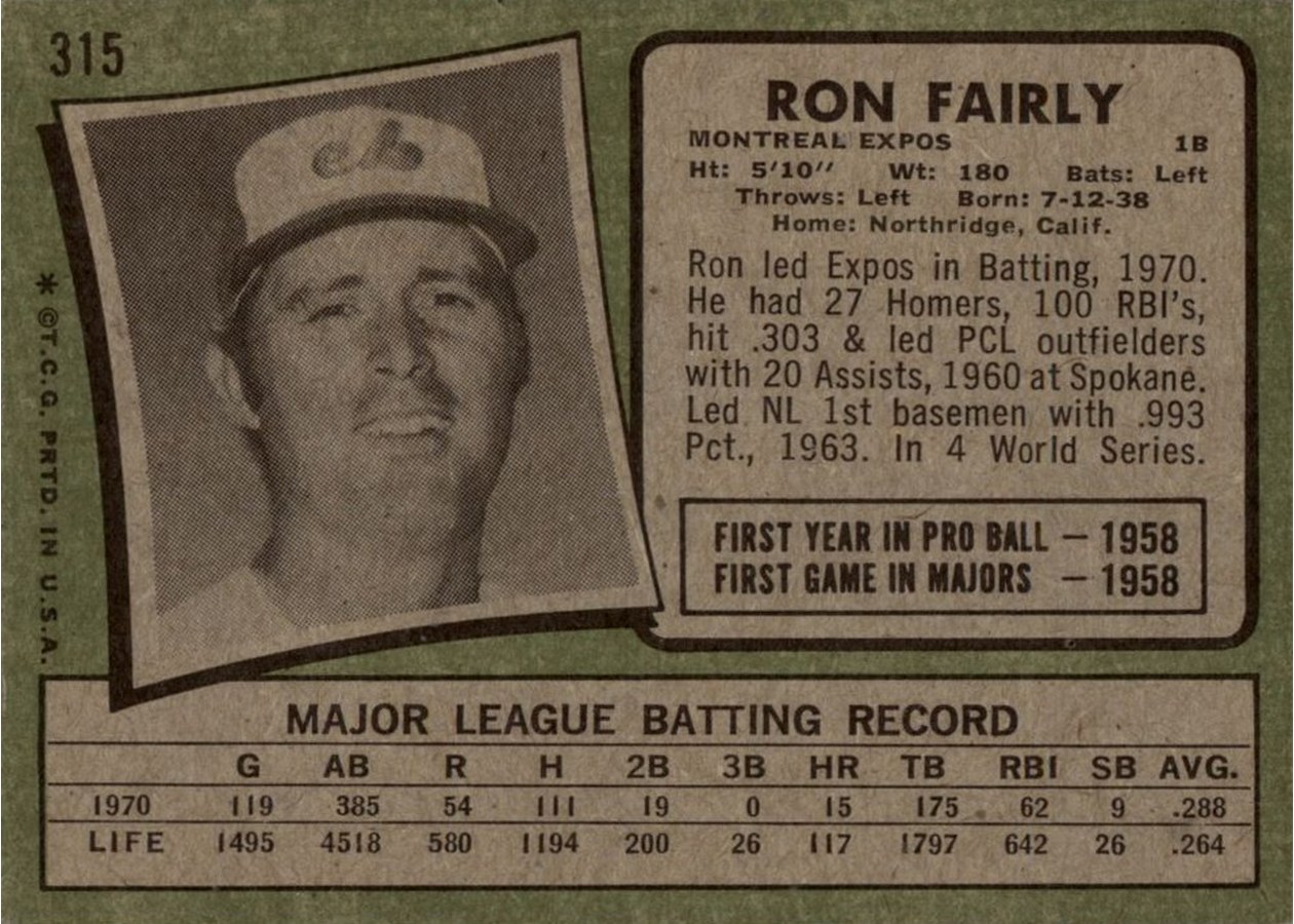 1971 Topps #315 Ron Fairly card back