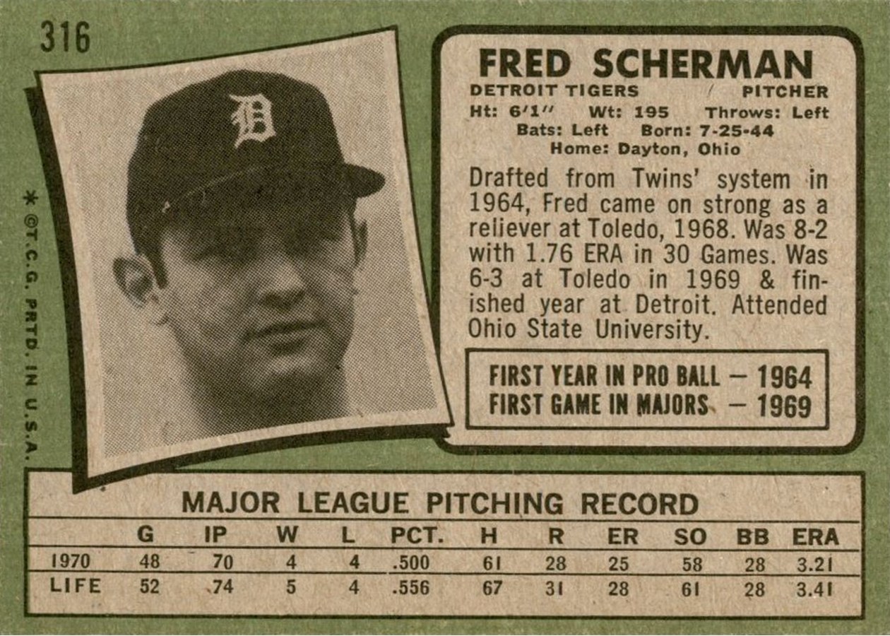 1971 Topps #316 Fred Scherman card back