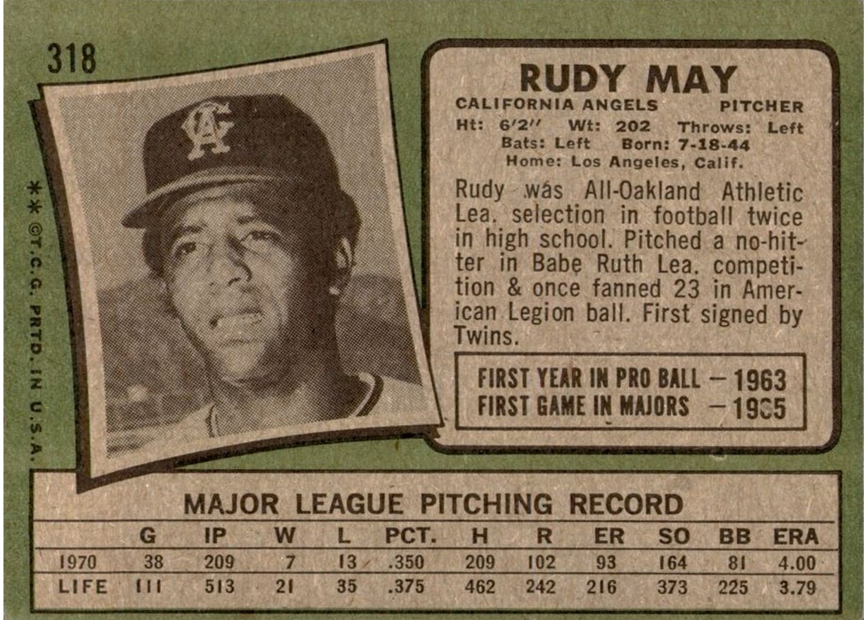 1971 Topps #318 Rudy May card back