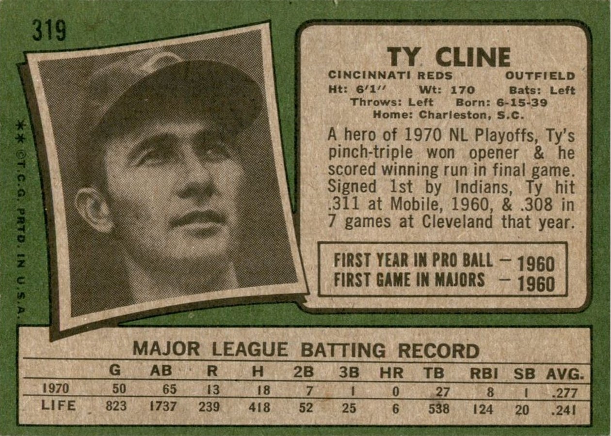 1971 Topps #319 Ty Cline card back