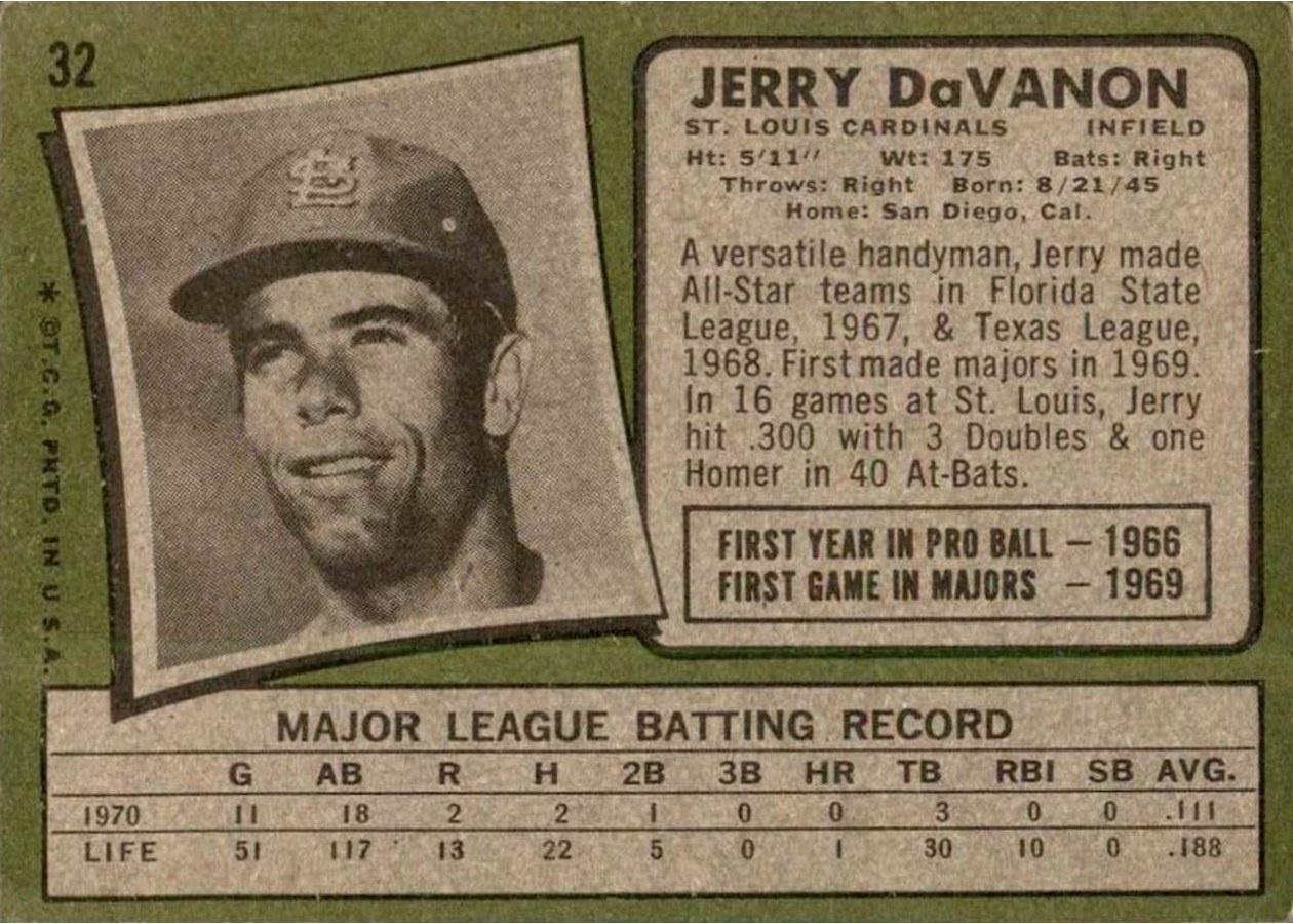 1971 Topps #32 Jerry DaVanon card back