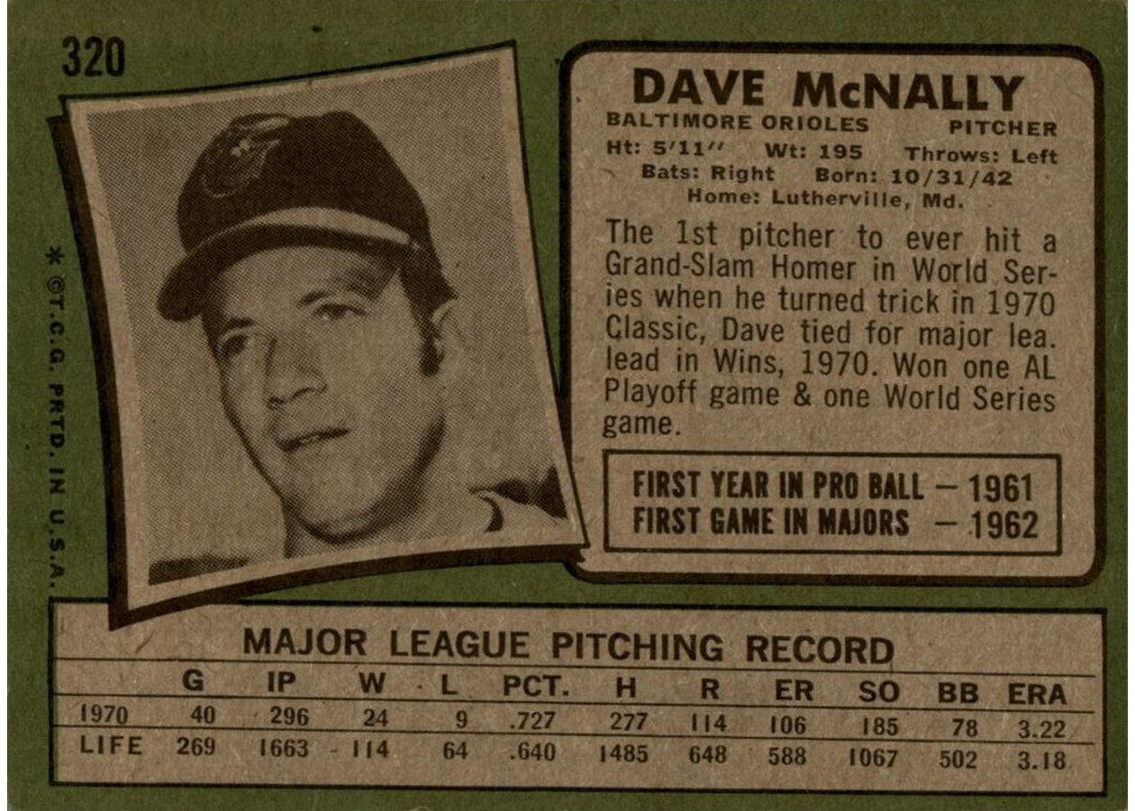 1971 Topps #320 Dave McNally card back