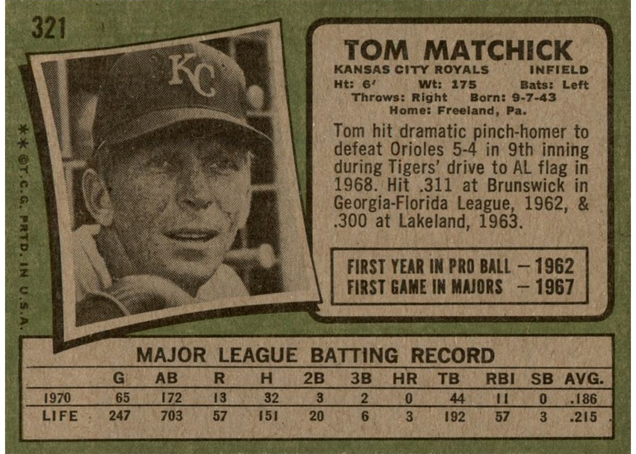 1971 Topps #321 Tom Matchick card back
