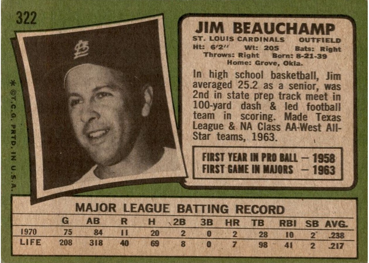1971 Topps #322 Jim Beauchamp card back