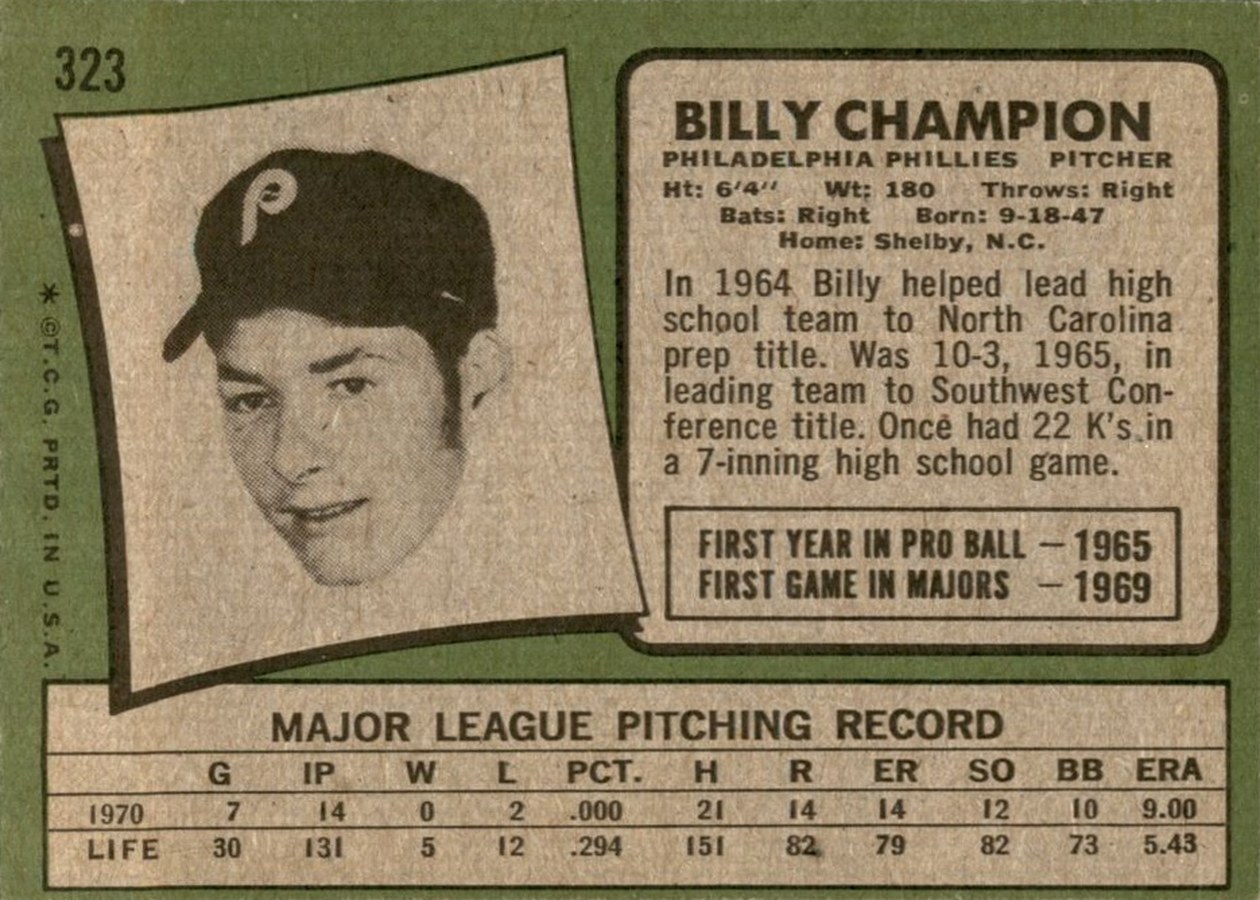 1971 Topps #323 Billy Champion card back
