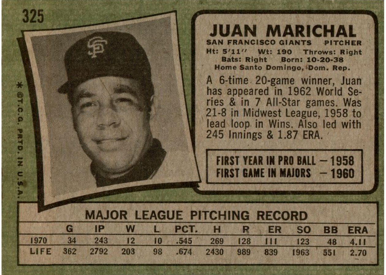 1971 Topps #325 Juan Marichal card back