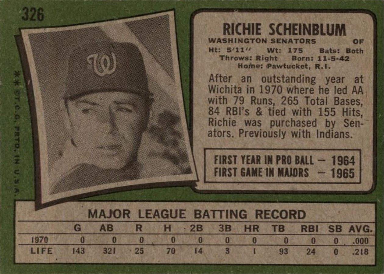 1971 Topps #326 Richie Scheinblum card back