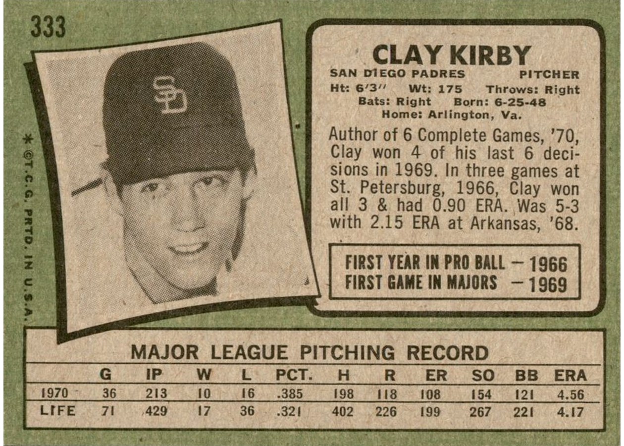 1971 Topps #333 Clay Kirby card back