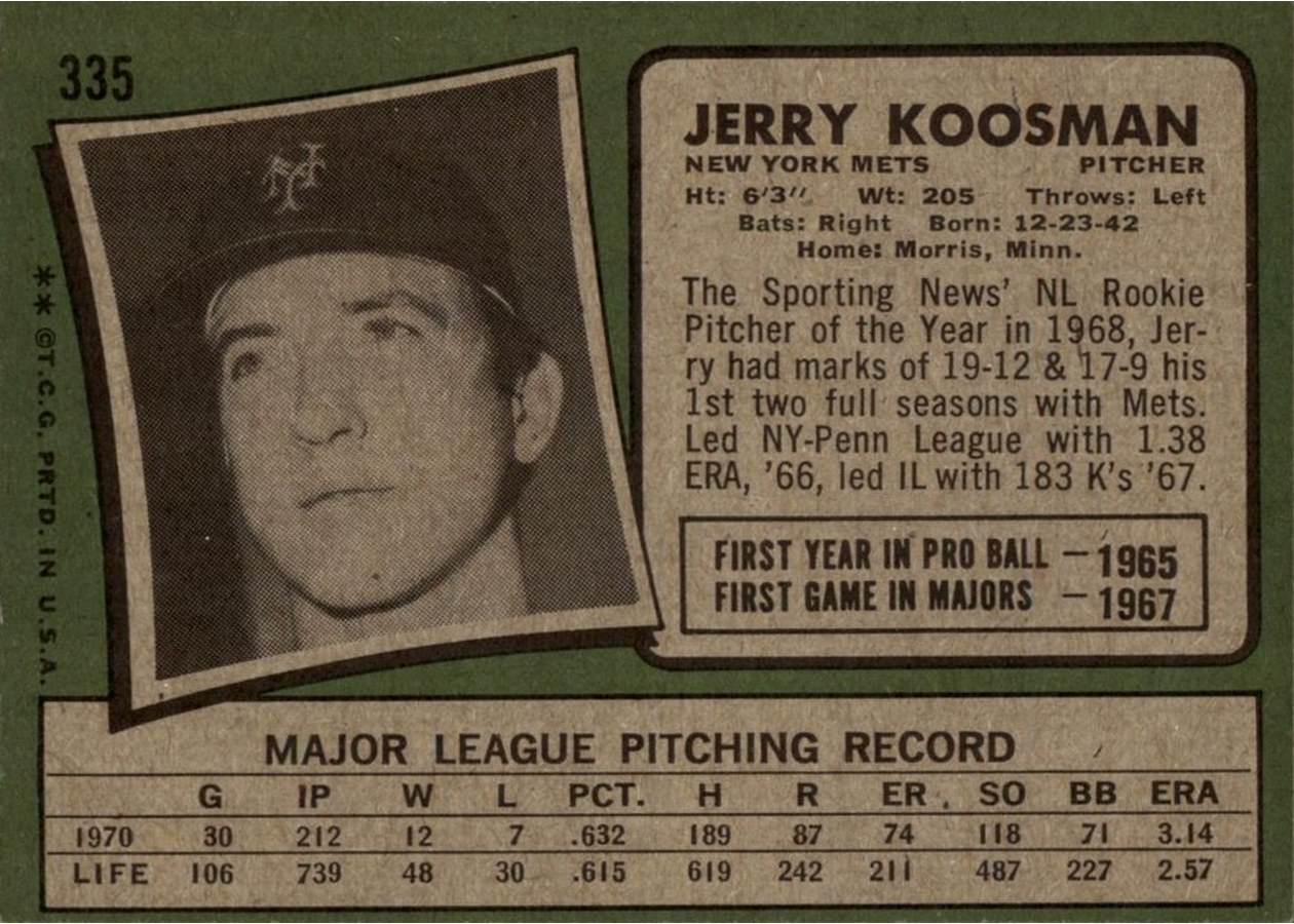 1971 Topps #335 Jerry Koosman card back