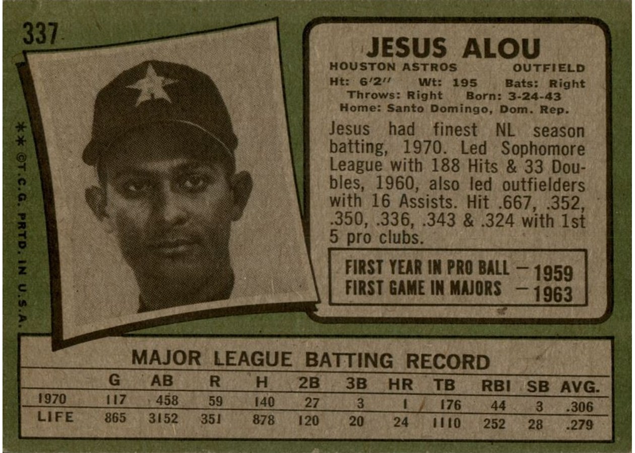 1971 Topps #337 Jesus Alou card back