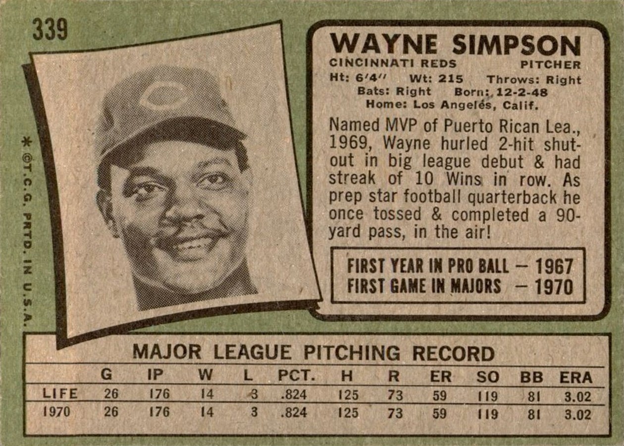 1971 Topps #339 Wayne Simpson card back