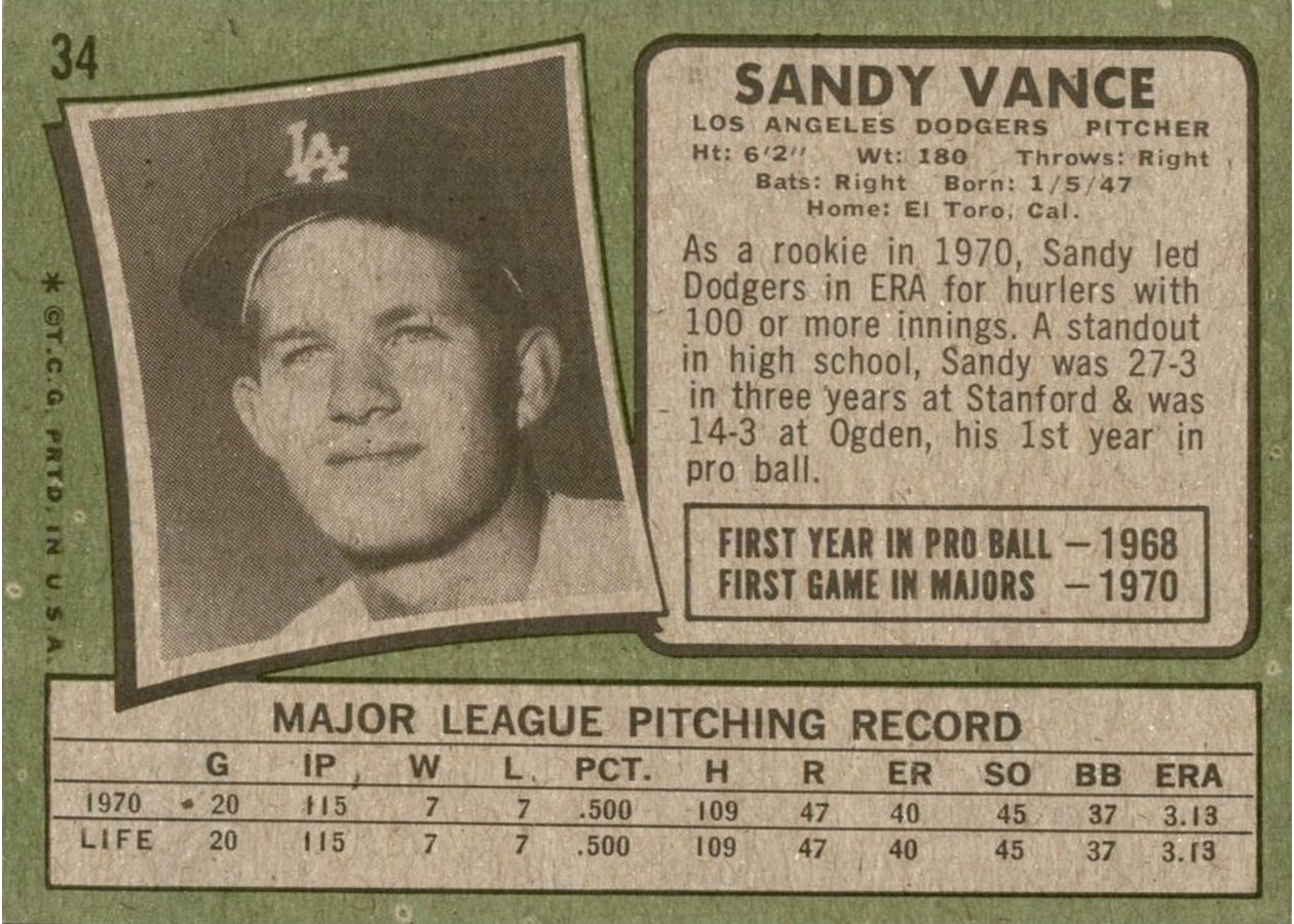 1971 Topps #34 Sandy Vance card back