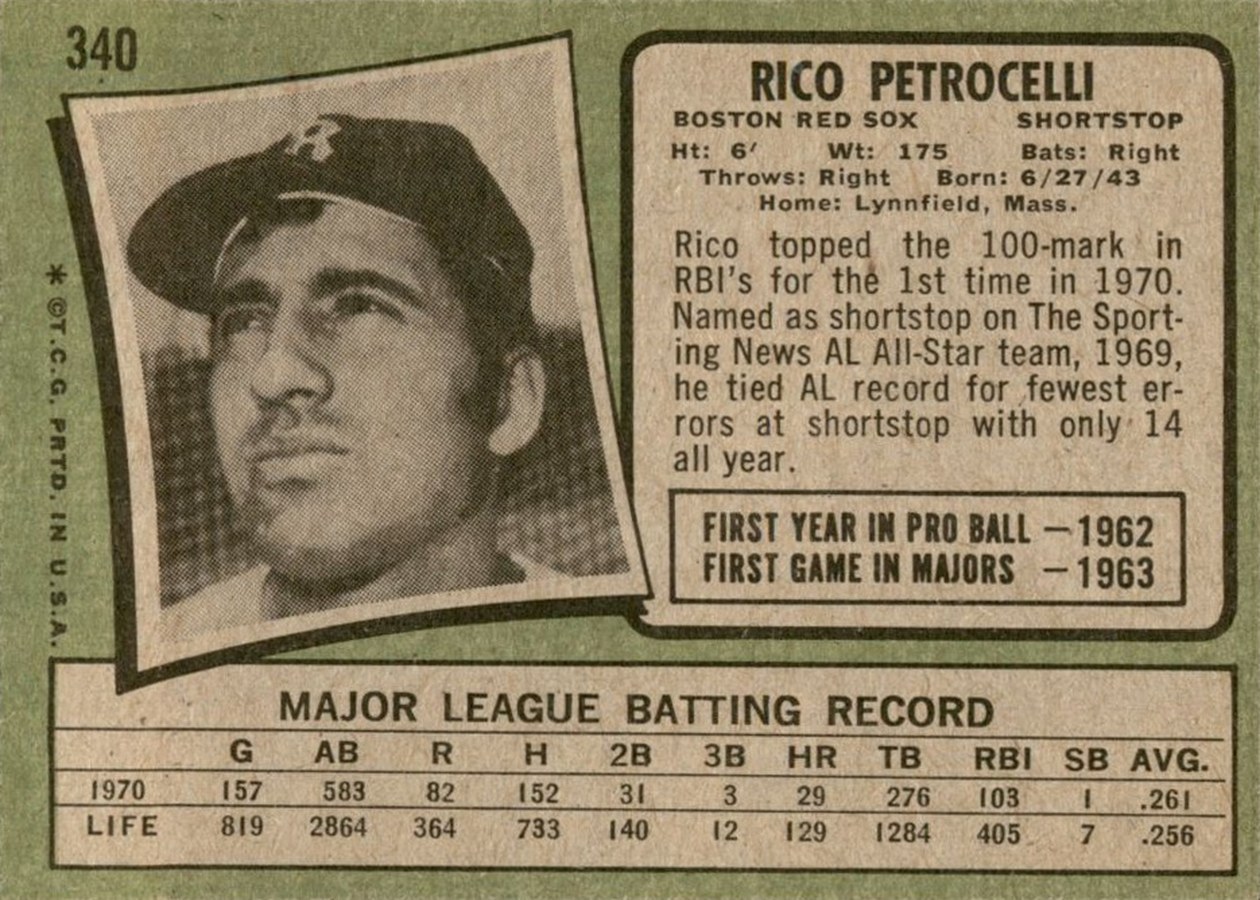 1971 Topps #340 Rico Petrocelli card back