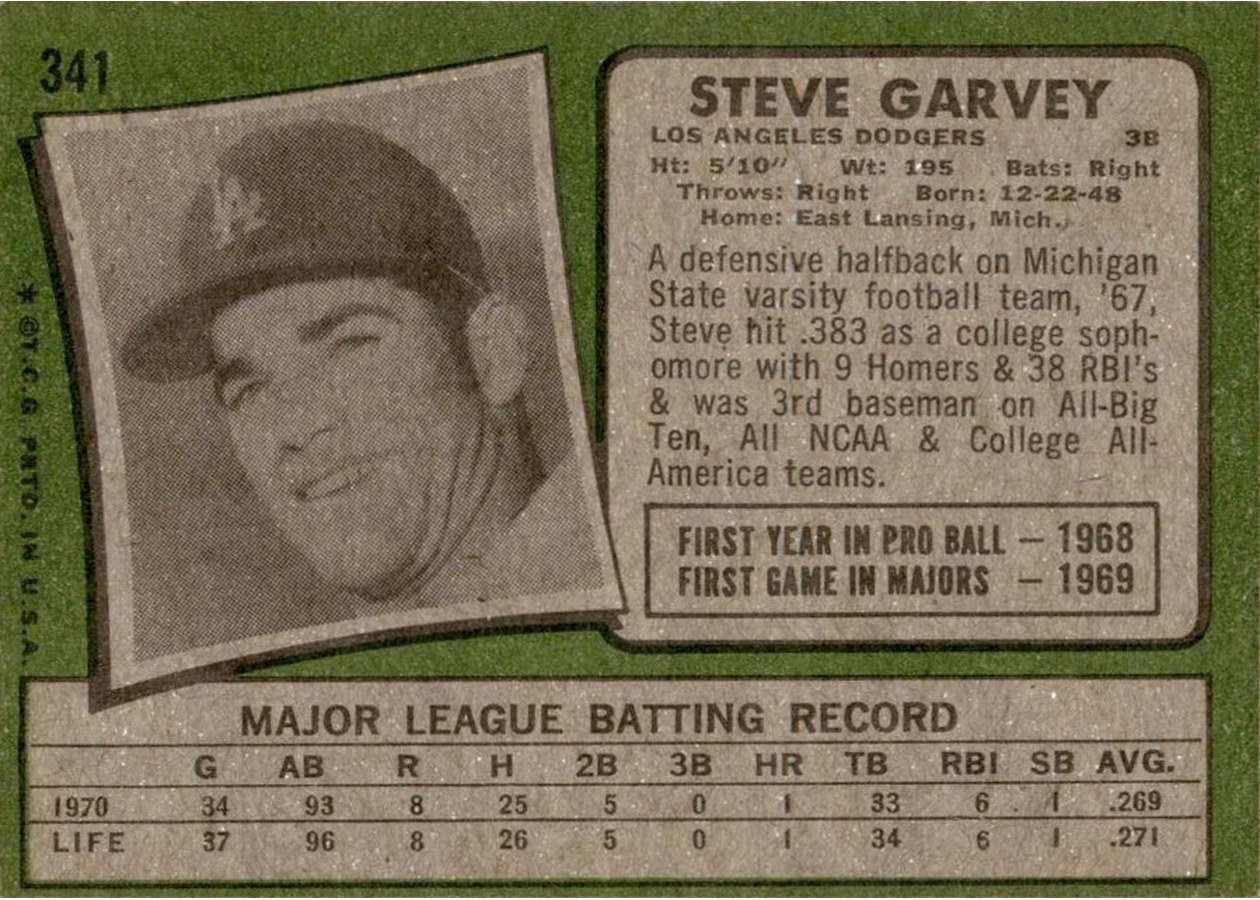 1971 Topps #341 Steve Garvey card back