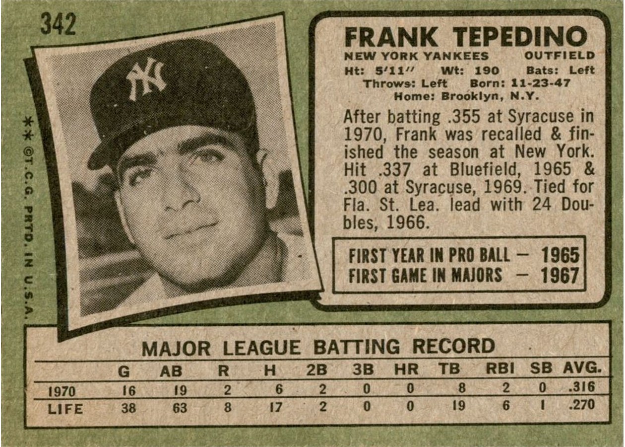 1971 Topps #342 Frank Tepedino card back