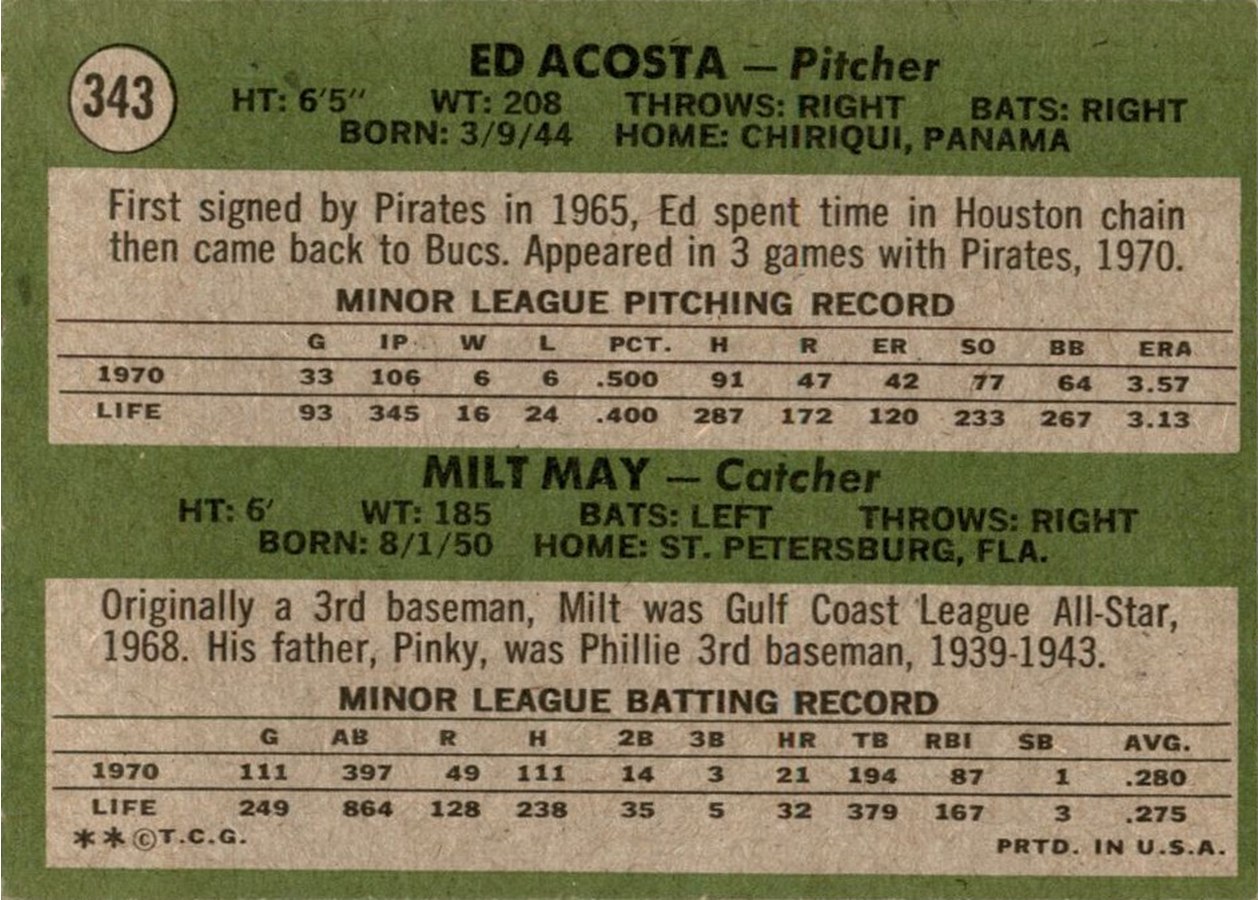 1971 Topps #343 Pirates 1971 Rookie Stars card back
