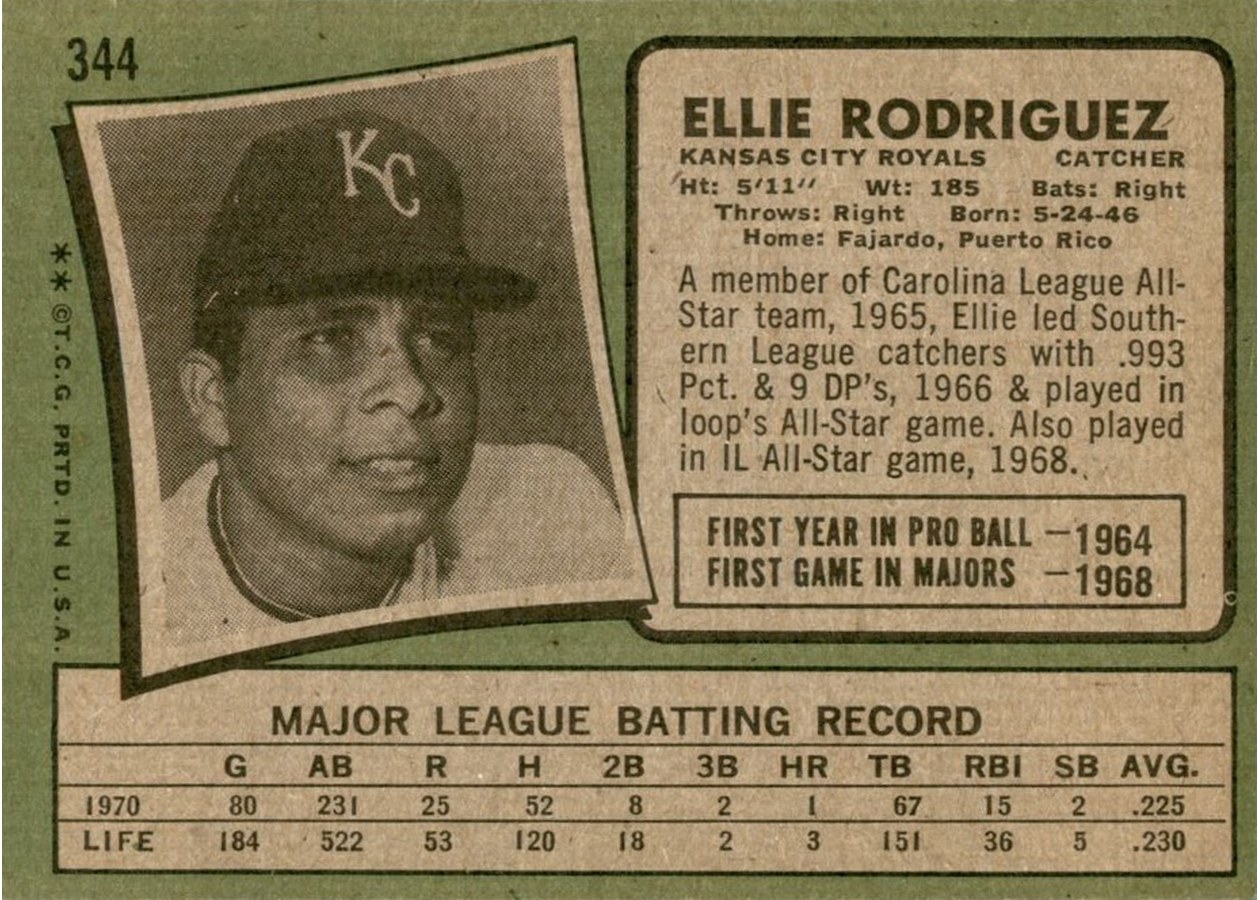 1971 Topps #344 Ellie Rodriguez card back