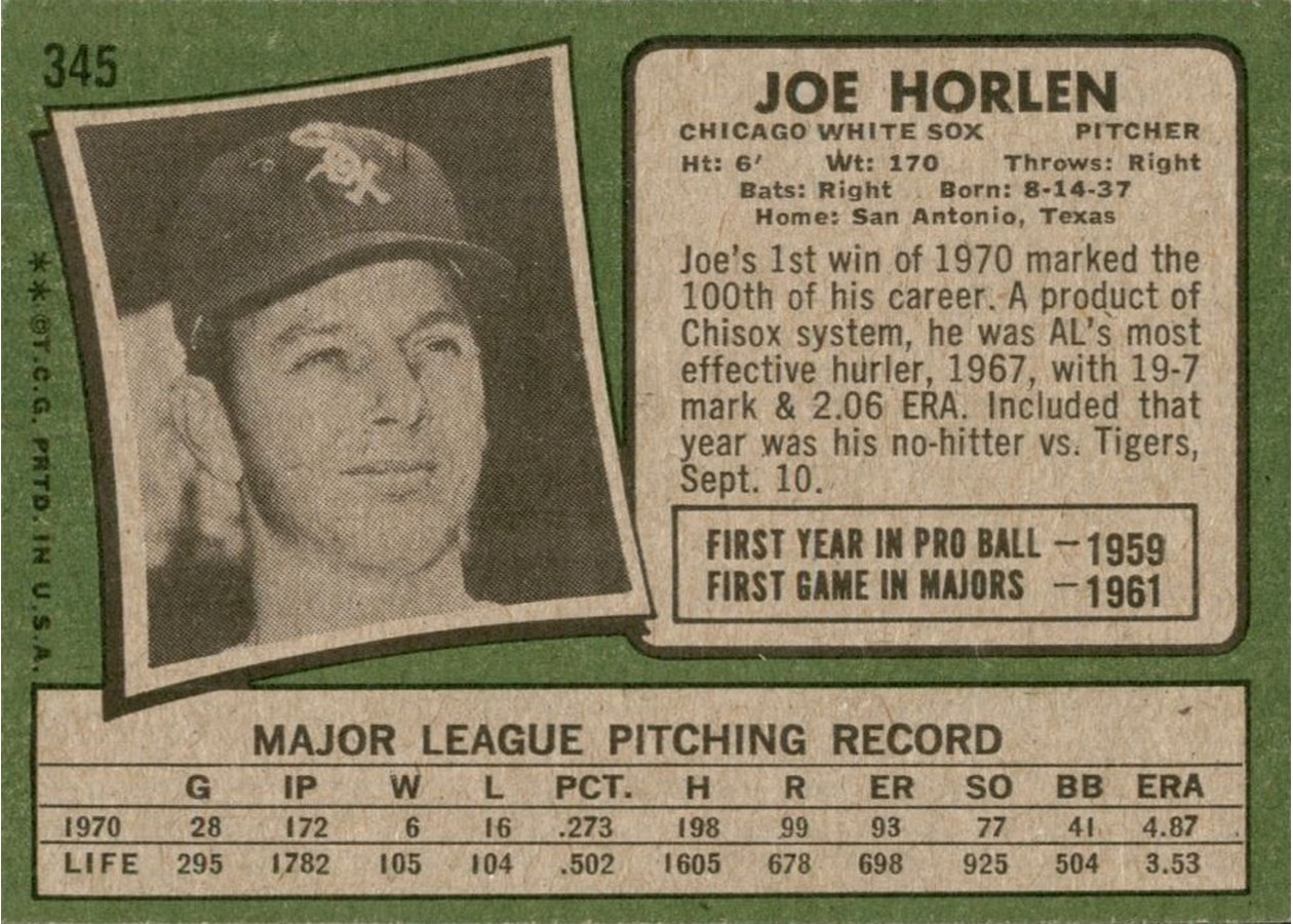 1971 Topps #345 Joe Horlen card back