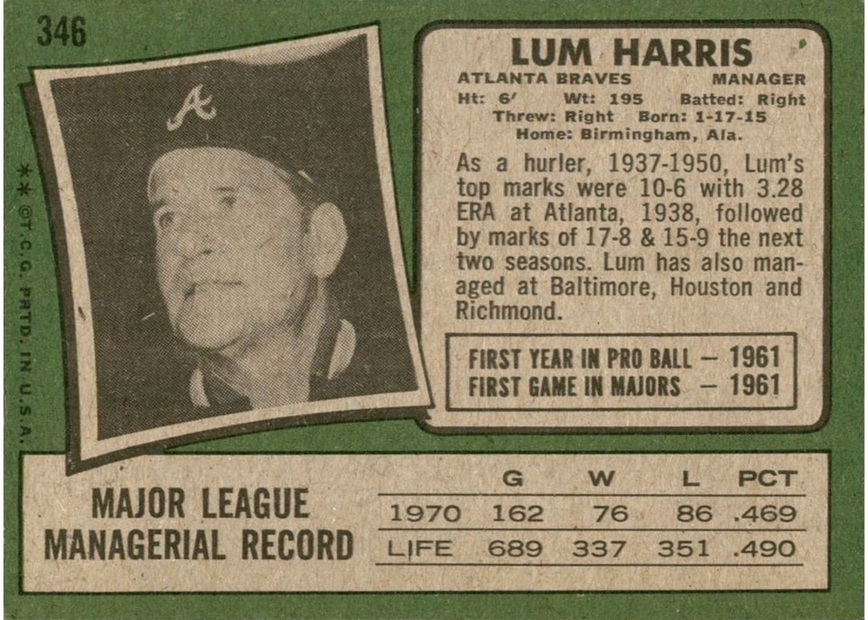 1971 Topps #346 Lum Harris card back